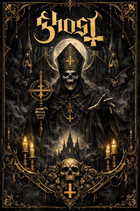 Donkere, gothic poster met een priesterfiguur, schedels en kaarsen, met het woord 'Ghost'.