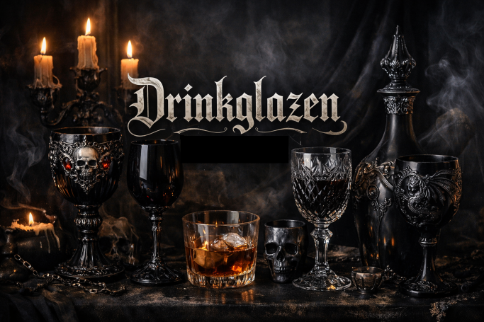 Diverse drinkglazen op een tafel met kaarsen en een donkere achtergrond.
